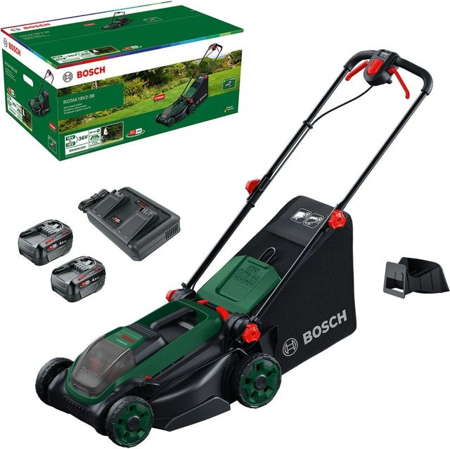 Bosch Akku-Rasenmäher Rotak 18V-38 mit 2x 4,0Ah Akkus und Ladegerät in Grün/Schwarz - Bild 2