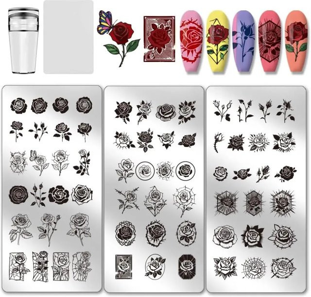 3er-Set Edelstahl Nagelstempel-Platten mit Rosenblüten- und Rissmuster in Silber für Nail Art - Bild 1