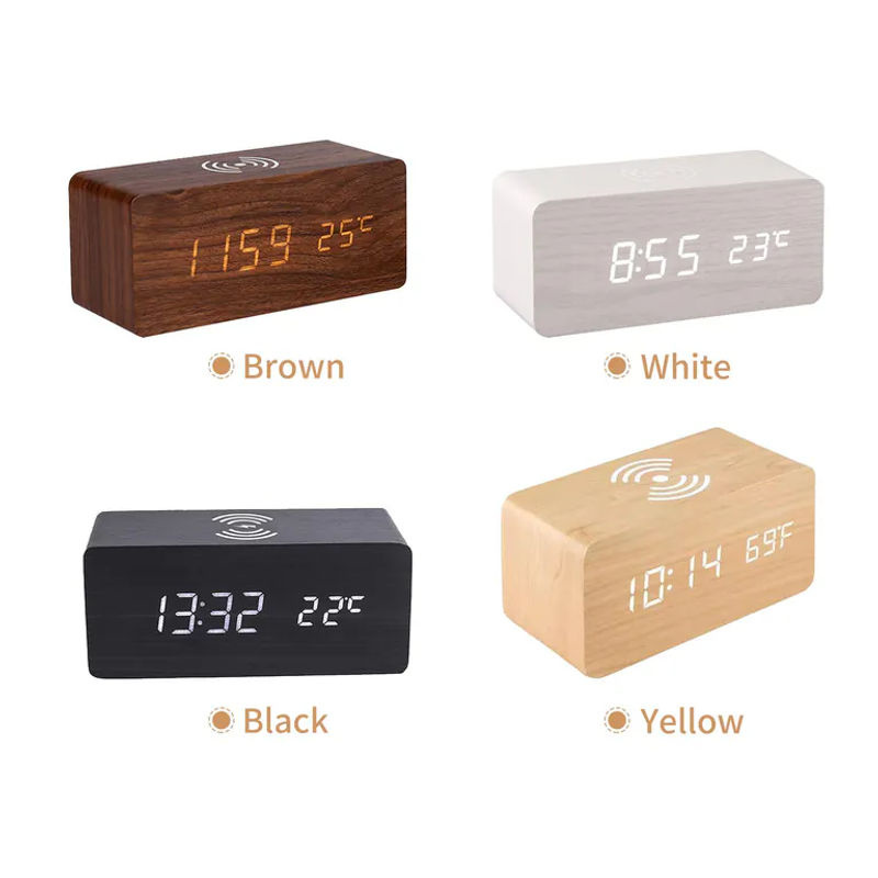 TOMTOP JMS Digitaler Holz-Wecker mit LED-Anzeige, 10W Wireless Charging, Thermometer und Datumsanzeige, Schwarz - Bild 10