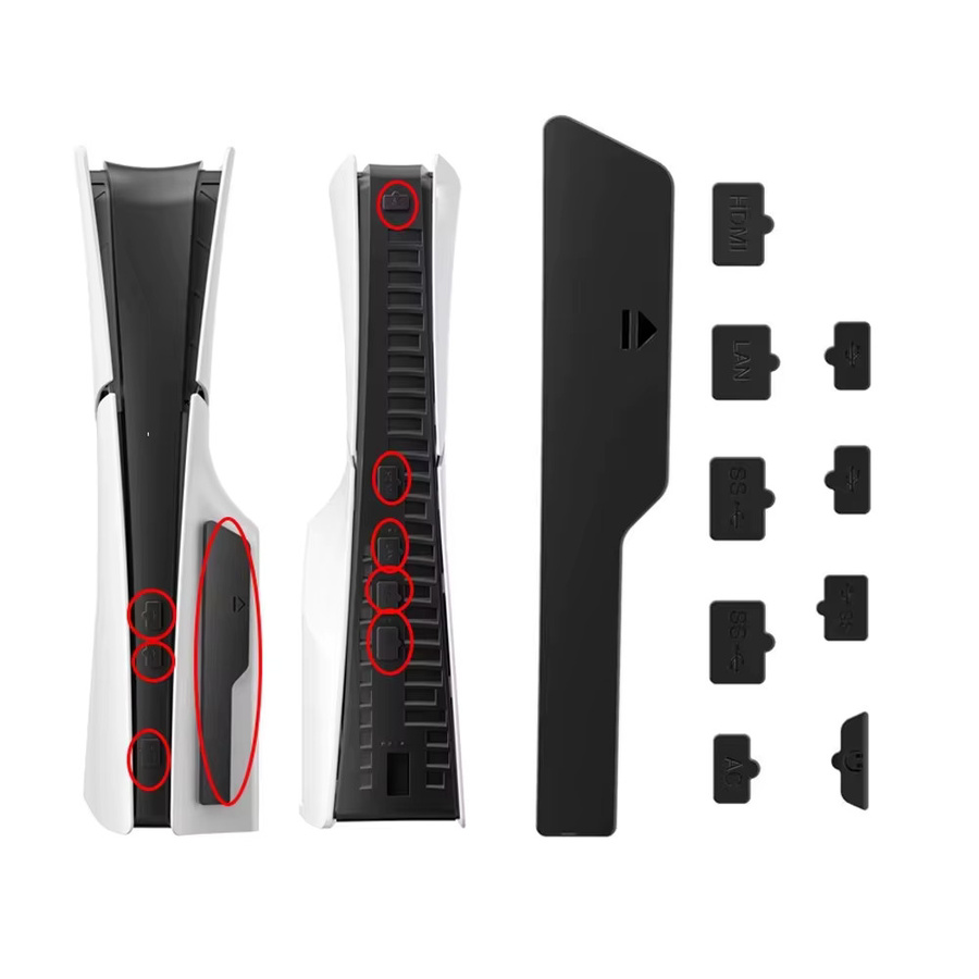 TECTINTER 9-teiliges Silikon-Staubschutz-Set für PS5 Slim und PS5 Pro in Schwarz mit USB-A Schutzsteckern - Bild 4