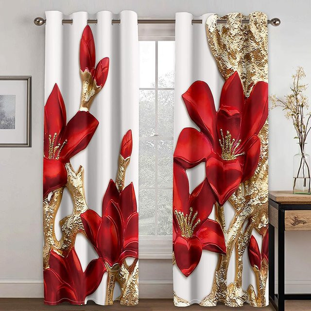 2er-Set Yiran Furniture Fenstervorhänge mit rotem Rosen-Design und Gold-Akzenten, semi-transparent, B: 50 cm, H: 160 cm - Bild 1
