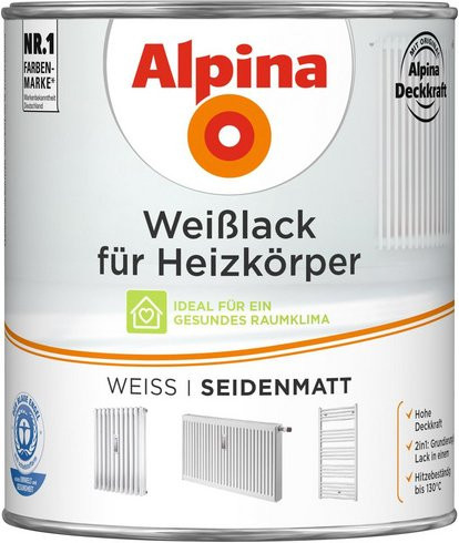 Alpina Weißlack für Heizkörper und Metall, wasserbasiert, seidenmatt, Weiß, 0,75 l - Bild 1