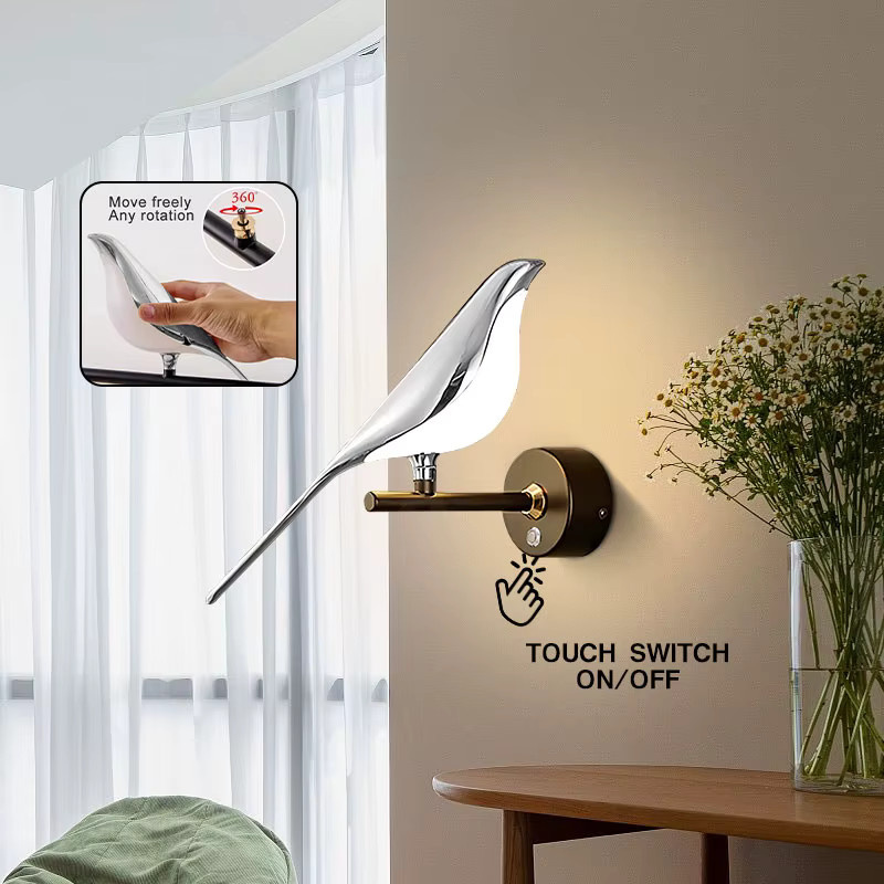 LEITELL LED Wandleuchte mit Elster-Vogel-Design, 360 Grad drehbar, Touch-Schalter, Nordic Stil für Küche und Korridor, in Gold oder Silber erhältlich - Bild 4