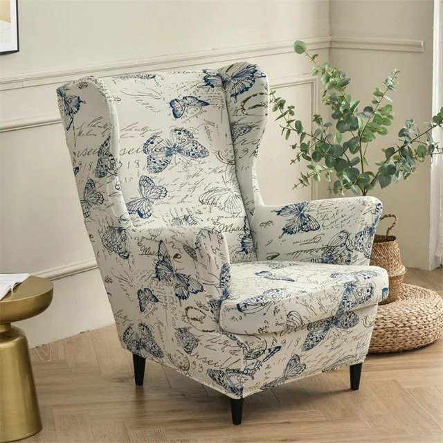 Floral bedruckter Ohrensesselbezug aus Stretch-Spandex im nordischen Design, abnehmbarer Sesselbezug mit Sitzkissenbezügen, Mehrfarbig - Bild 1