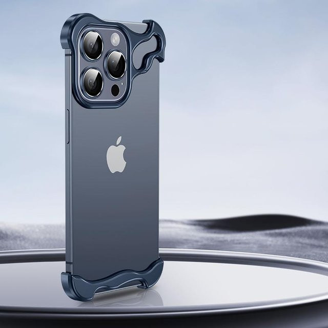 QGeeM Handyhülle aus Titanlegierung mit unregelmäßigem Metall-Design und Linsenschutz für iPhone 17 16 15 14 13 12 Pro Max 15 Plus, Blau - Bild 1