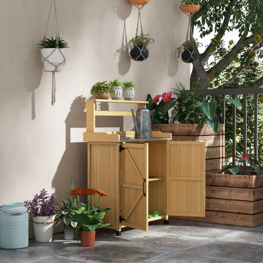 Outsunny Pflanztisch im rustikalen Stil aus Tannenholz mit Schrank, Regalen und verzinkter Arbeitsplatte, Farbe: Gelb, B/T/H: 41 x 90,5 x 124,5 cm - Bild 2
