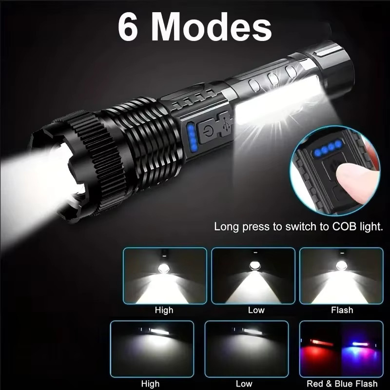 Heinast Taktische LED-Taschenlampe mit Teleskop-Zoom, wiederaufladbar, Schwarz - Bild 2