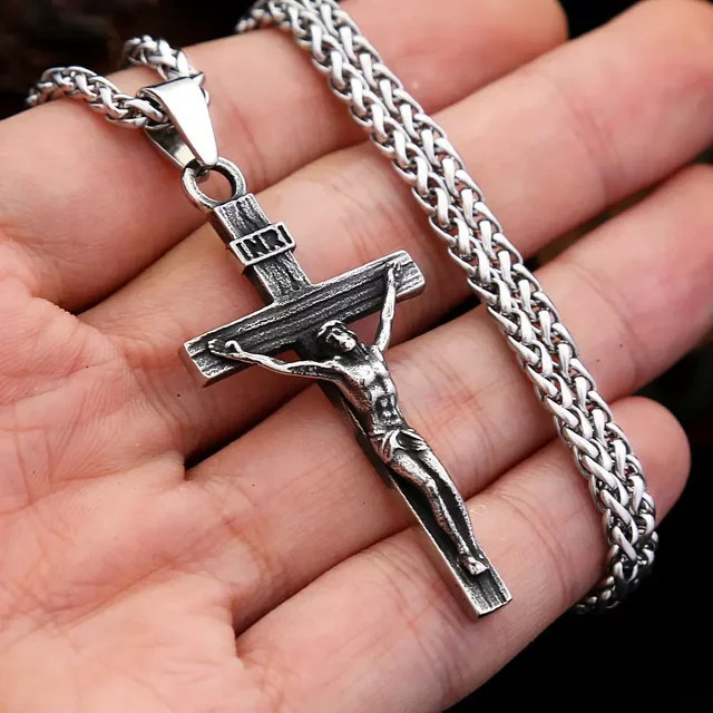 owlucky Kruzifix Anhänger Halskette, Edelstahl, Silber, Unisex - Bild 1