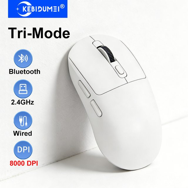 KEBIDUMEI Tri-Mode Bluetooth-Maus in Weiß mit 800–8000 DPI, kabellose und kabelgebundene Gaming-Maus, wiederaufladbar und leise für deinen Laptop - Bild 1