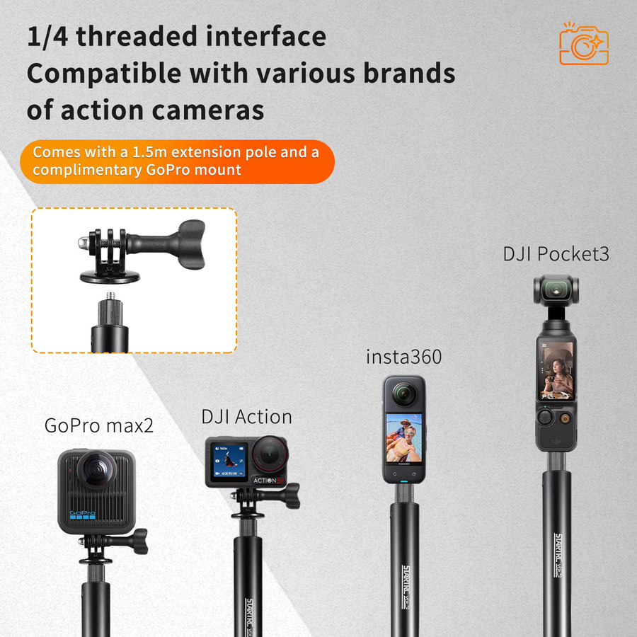 Insta360 Unsichtbarer Selfie-Stick mit Griff in Schwarz für Insta360 X5 X4 GoPro 13 12 11 und DJI Action 6 5Pro 4, Länge: 1,5 m - Bild 4