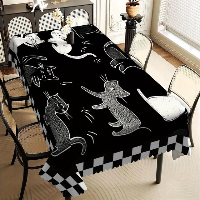 JINGYUE Pet Tischdecke mit Schwarz-Weiß-Katzenmuster und kariertem Rand, wasserabweisend, B/B: 140 x 180 cm - Bild 1