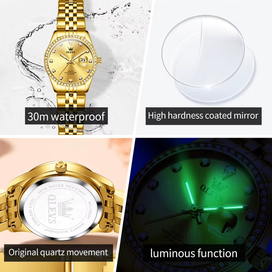 OLEVS Armbanduhr, Quarz, Edelstahl, Gold, Diamantbesetzt, Damen - Bild 3