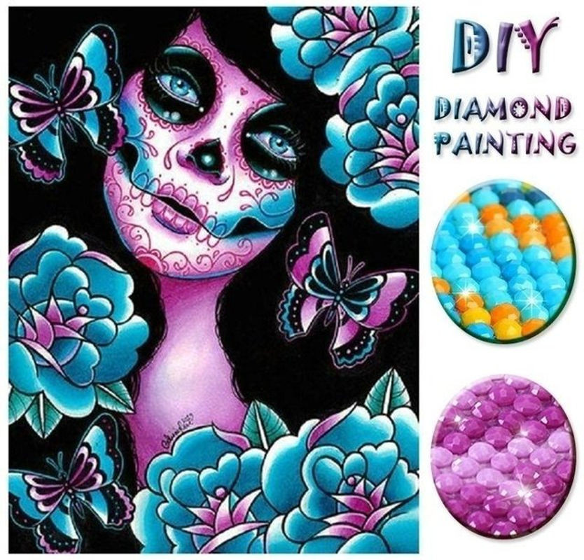 FIYO Diamond Painting DIY Set mit Blumen und Totenkopf Motiv, Mehrfarbig, B x H: 20 x 30 cm - Bild 1