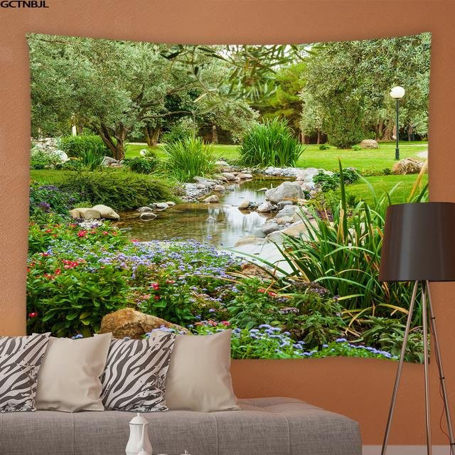 Bling Bling Tapestry Wandteppich mit 3D Naturlandschaft Wald und Wasserfall in Beige, B/H: 95 x 73 cm - Bild 1