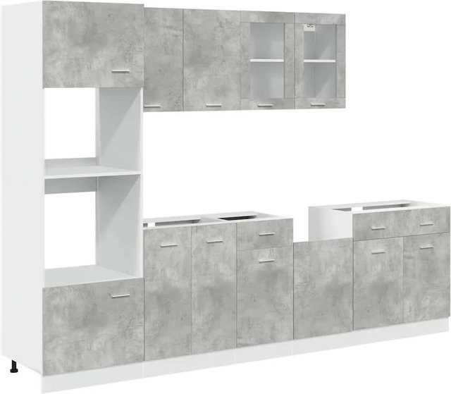 vidaXL Küchenmöbel-Set Lyon, 7-teiliges Set in Betongrau, Holzwerkstoff und Glas mit Glastüren, Schubladen und Regalböden - Bild 1