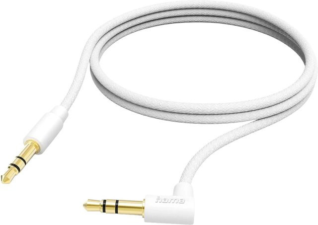 Hama Aux-Kabel mit 3,5 mm Klinkenstecker und 90 Grad Winkelstecker in Weiß, 1 m - Bild 1