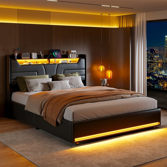 Rosahqnda Gepolstertes Doppelbett in Schwarz mit Stauraum und Kopfteil, B/T: 140 x 200 cm - Bild 1