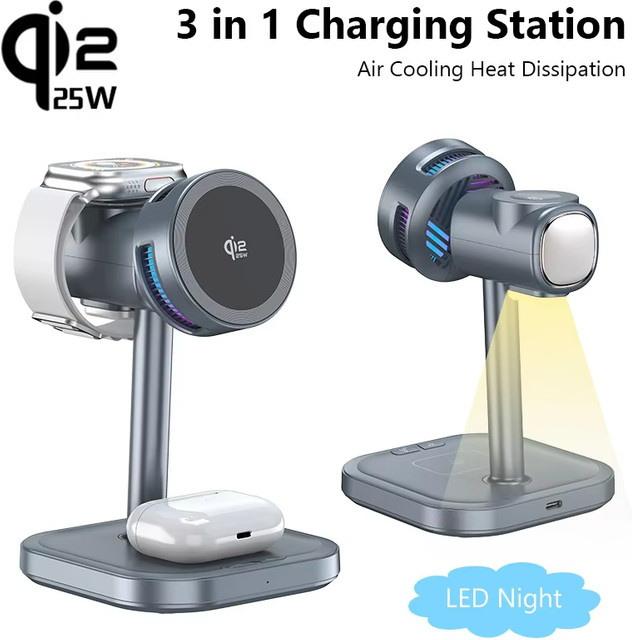 XIKCU Magnetisches Qi2 25W Kabelloses Ladegerät mit LED-Licht und Luftkühlung für iPhone, Apple Watch und AirPods Pro in Grau - Bild 1