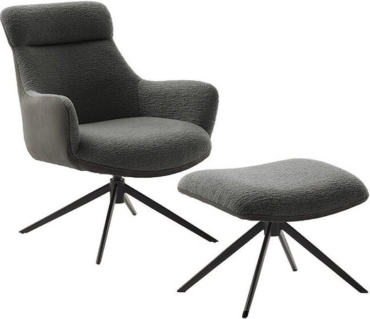 iNNoSeat by MCA + PELION Drehstuhl mit Armlehnen und Hocker in Schwarz, Anthrazit und Grau mit Metallrahmen und Polsterung aus 100% Polyester im Vintagelook