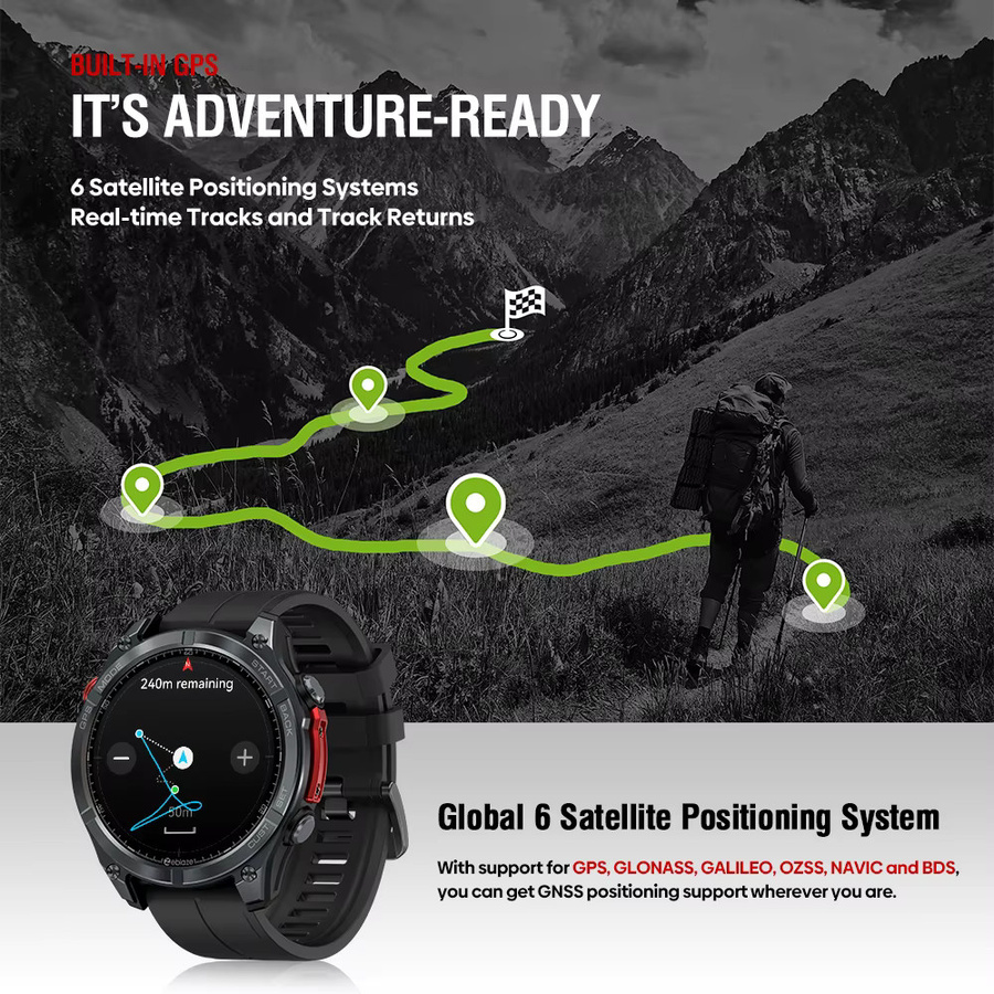 Zeblaze Stratos 4 GPS-Smartwatch mit 1,43-Zoll-AMOLED-Display in Schwarz, integriertem Kompass, barometrischem Höhenmesser, Taschenlampe und Sprachanruf-Funktion, 5 ATM wasserdicht - Bild 3
