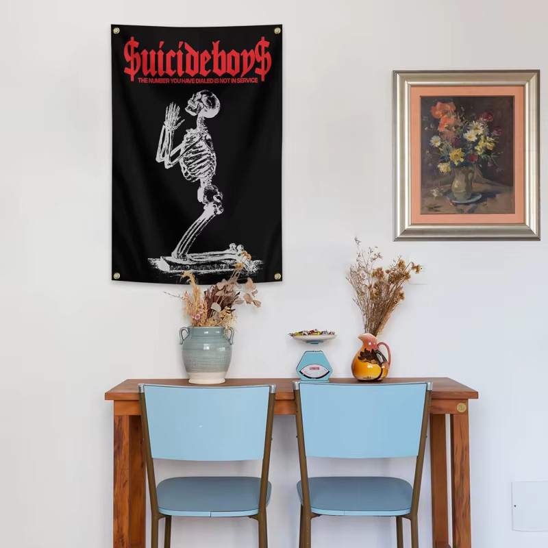 VIKAMA Wandteppich mit Totenkopfmuster in Schwarz-Rot, abstrakte Wanddekoration für dein Zimmer - Bild 3