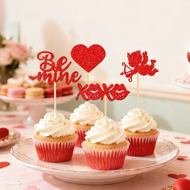 YOMDID 24 Stück Cupcake-Topper zum Valentinstag in Rot mit glitzernden Herz- und Lippen-Designs zur Kuchendekoration - Bild 1