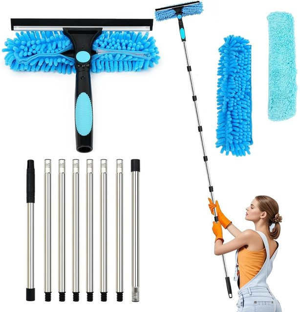 Gotrays Fenstereiniger Set in Blau mit Silikonabzieher, Mikrofaserbürste und Teleskopstiel - Bild 1