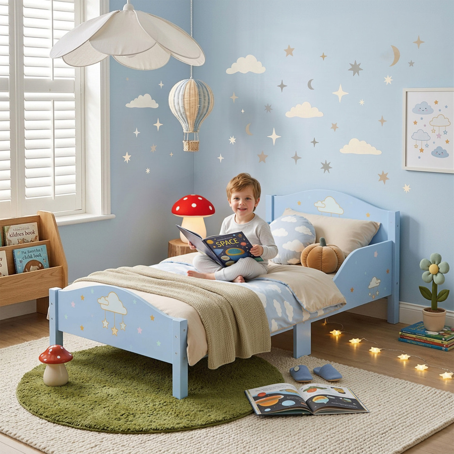 Aosom AIYAPLAY Montessori-Kinderbett aus Holz mit Wolken- und Sternform, Einzelbett für Kinder von 3-6 Jahren, Blau/Weiß, B: 146 cm, T: 76,5 cm - Bild 2