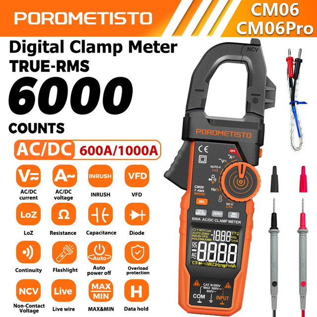 POROMETISTO CM06/CM06Pro Digitales Clamp Meter mit Auto-Ranging, AC/DC Spannungstester, 600A/1000A Multimeter, Amperemeter, Ohm, Hz, Kapazität und NCV Test - Bild 1