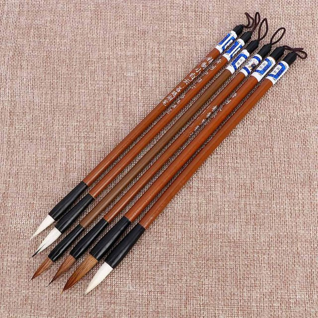 6er Set traditionelle chinesische Kalligraphie-Pinsel aus Bambus und Wolfshaar in Weiß für Malerei und Schreibübungen - Bild 1