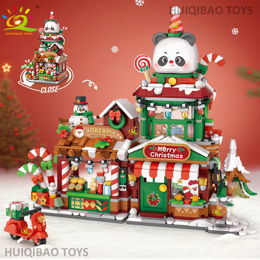HUIQIBAO Weihnachtsbaum Panda Schneemann Shop Modell Baustein, DIY Lebkuchen Café Ziegel Ornament Spielzeug - Bild 2