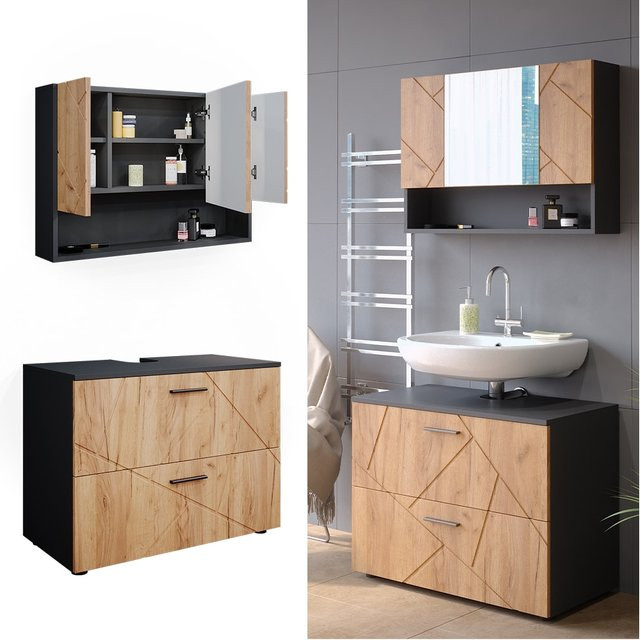 Vicco Badmöbelset Irma in Anthrazit und Eiche, bestehend aus Spiegelschrank und Waschtischunterschrank, modern gestaltet, Breite: 80 cm - Bild 1