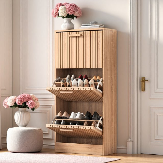 Comanlai Schuhschrank aus Holz in Braun mit Klappen und Belüftung für Flur, Wohnzimmer oder Schlafzimmer - Bild 1