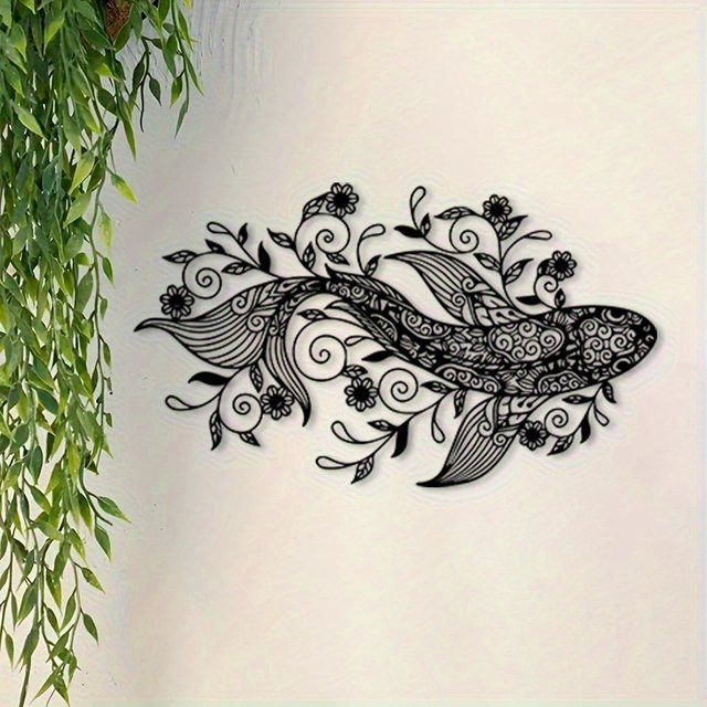 CIFBUY Vintage Koi-Fisch Mandala Wandkunst aus Metall in Schwarz als wetterfeste Skulptur im asiatischen Feng Shui Stil - Bild 1