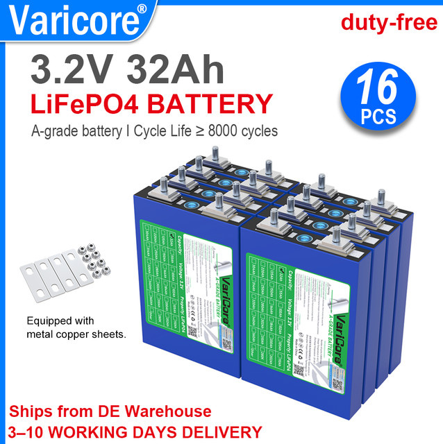 VariCore 3,2V 32Ah LiFePO4 prismatische Batteriezelle A-Klasse Deep-Cycle-Lithiumbatterie für Solaranlagen, Wohnmobile und Elektroroller, 16 Stück, Blau - Bild 1