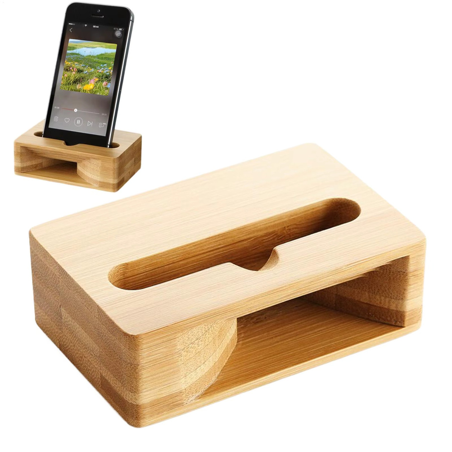 Holz-Lautsprecherständer für dein Handy als Schreibtischhalter und natürlicher Klangverstärker in Braun - Bild 2