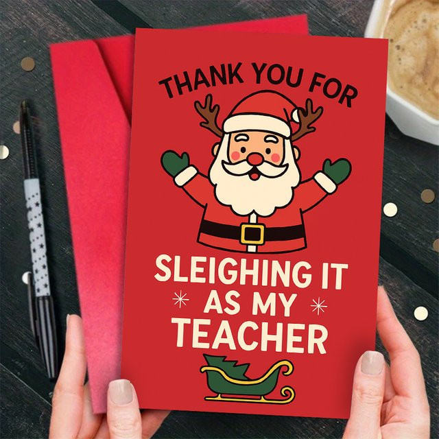 Lustige Weihnachts-Karte für Lehrer mit Schlitten-Wortspiel in Rot - Bild 1
