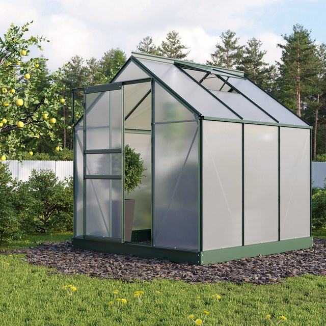 Vitavia Gewächshaus Planet 3800 mit Fundamentrahmen in Smaragdgrün, 3,8 m², Aluminium und Polycarbonat mit Schiebetür und Satteldach - Bild 1