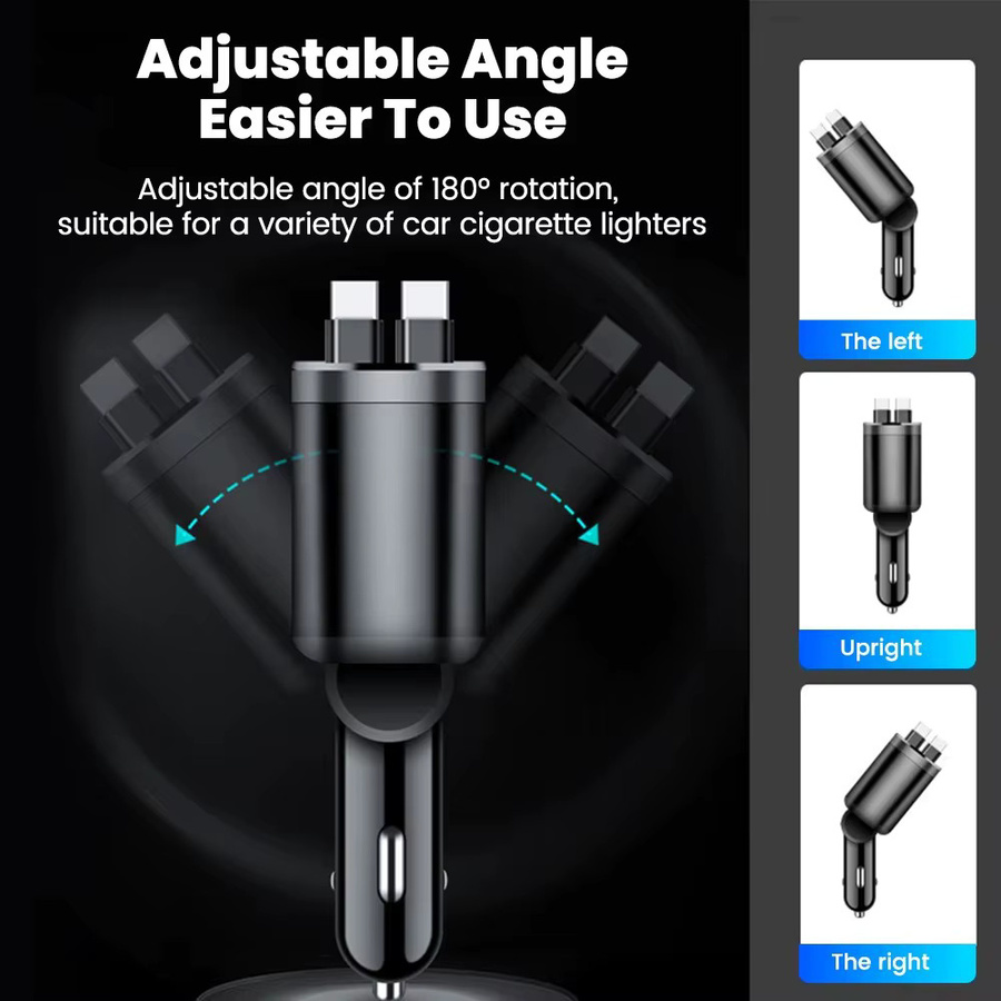 Kebidumei 5-in-1 Einziehbares Autoladegerät mit USB-C, PD und QC3.0 Fast Charge Zigarettenanzünder-Adapter für iPhone, Huawei und Samsung in Schwarz - Bild 3