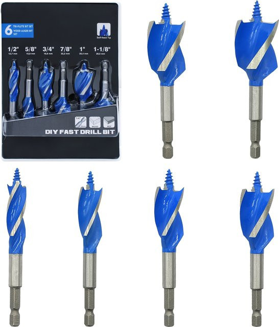 NIUXIANG 6-teiliges Holzbearbeitungsbohrer-Set in Blau mit sechseckigem Griff für Türschlösser und Schubladen - Bild 1