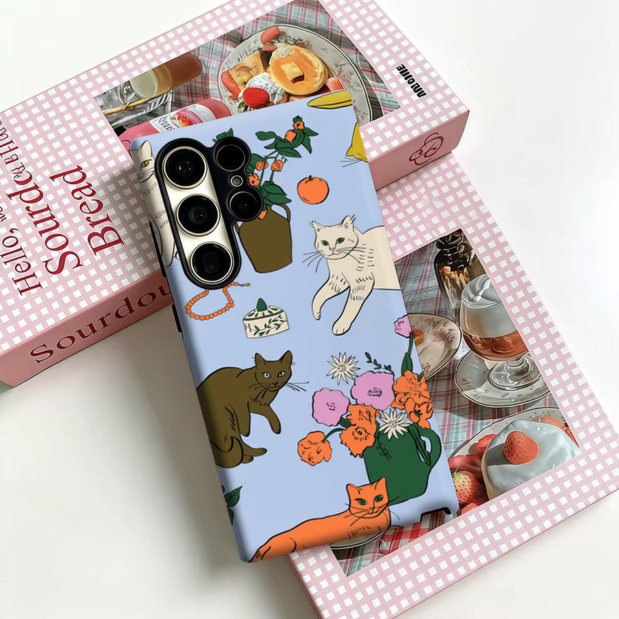 Stoßfeste Doppelschicht Handyhülle mit Vintage Katzen- und Blumen-Stilleben für Samsung Galaxy S25 Ultra, S24 und S23 Ultra Plus in Multicolour - Bild 3