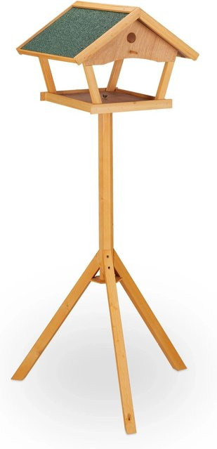Relaxdays Vogelfutterhaus mit Ständer aus Tannenholz und Stein in Natur Grün, H: 137 cm, B: 66 cm, T: 59 cm - Bild 1