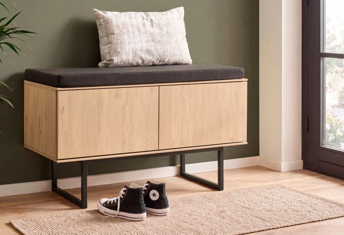 Garderobe Sitzbank Breda Schuhschrank in Eiche mit beige Stoffpolsterung, Breite: 90 cm - Bild 4