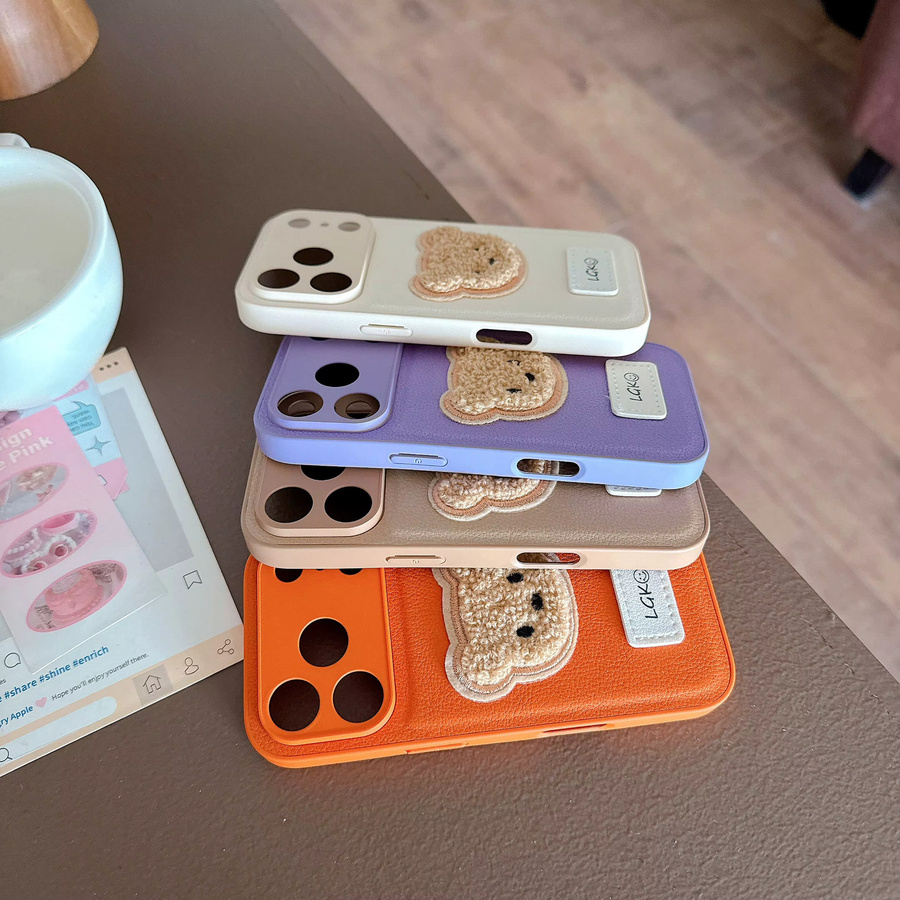 Cowboy Niedlicher Bär Handyhülle aus PU Leder mit Dekoration Ständer für iPhone 17 Air 16 15 Plus 14 13 12 11 Pro Max in Blau und Beige - Bild 4