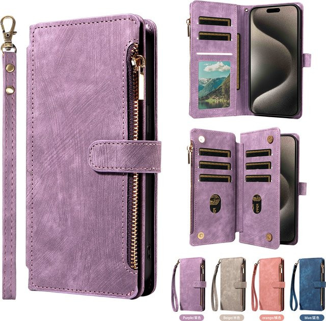 EAACAA Leder-Handyhülle für iPhone 17 Pro Max, 17 Pro, 17E und 17 Air mit Reißverschluss, Magnetständer und Brieftaschenfunktion in Schwarz oder Lila - Bild 1