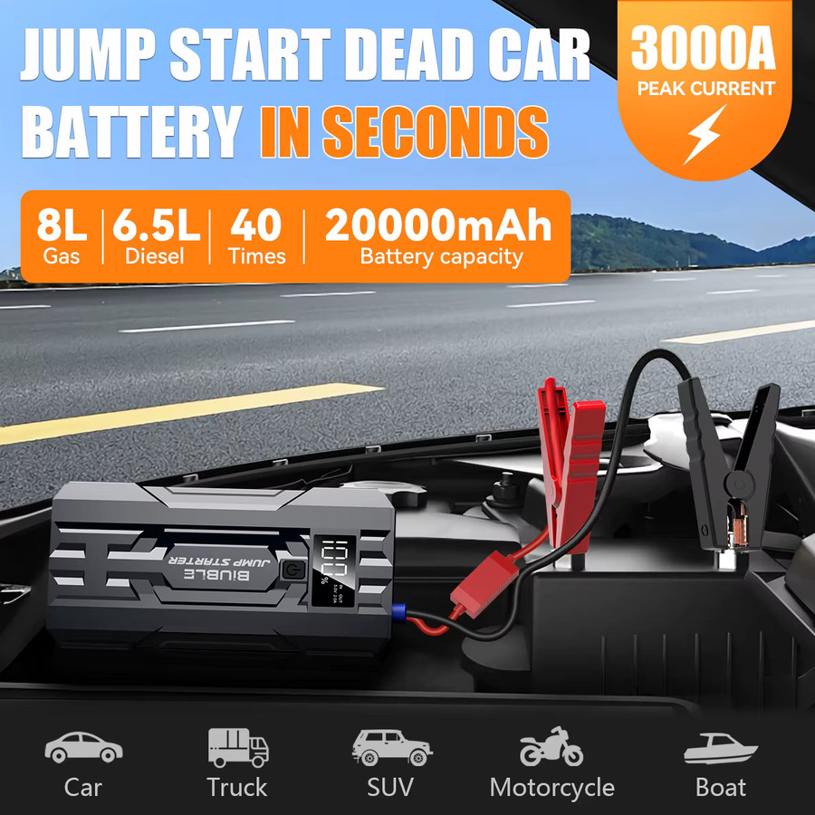 BIUBLE Auto-Starthilfe mit 3000 A, 25000 mAh Powerbank und Display, 12 V Jumper-Box in Schwarz - Bild 2