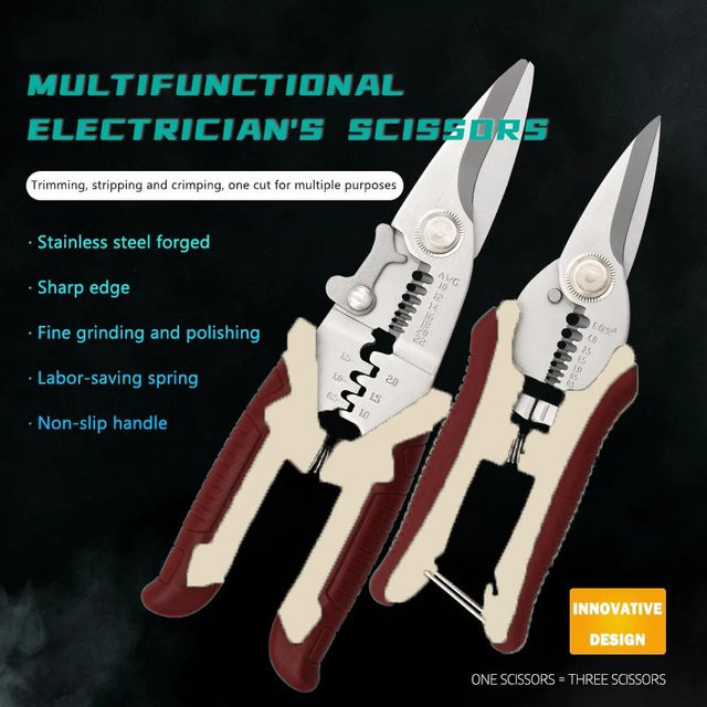 WEELEE Multifunktionale Elektrikerschere aus Edelstahl zum Schneiden, Crimpen und Abisolieren von Kabeln in Silber - Bild 1