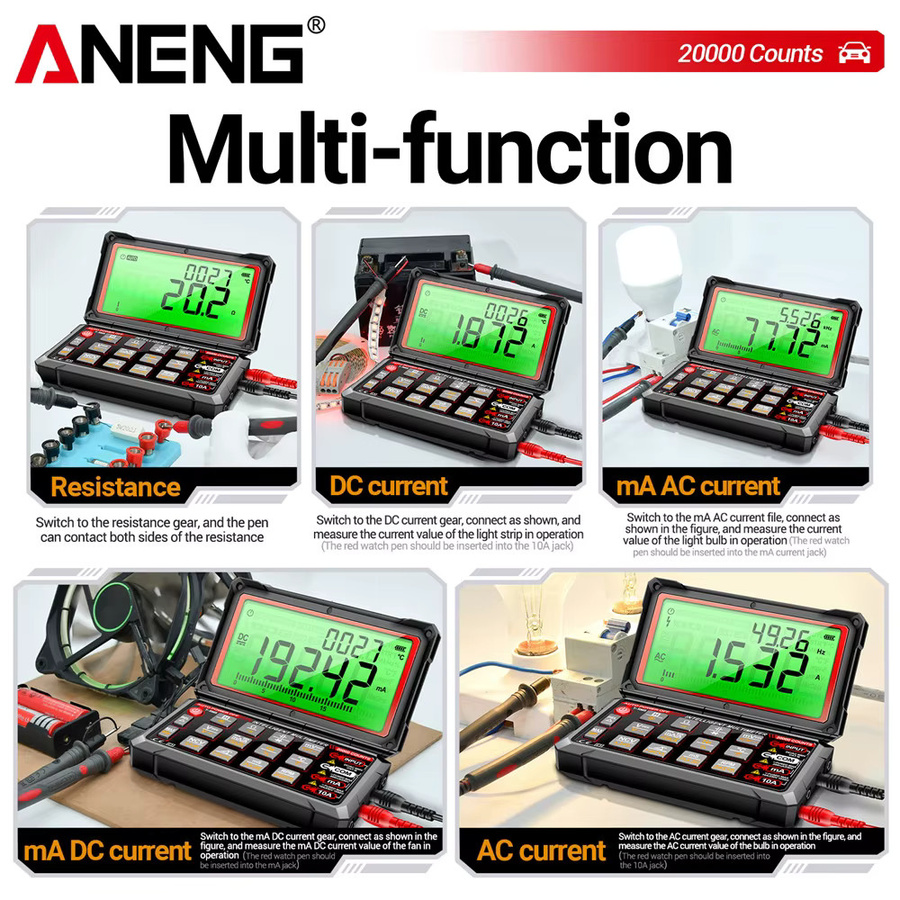 ANENG 623 Digitales Auto-Multimeter in Schwarz für Motordrehzahl, AC/DC Spannung, Strom, Widerstand und Kapazität - Bild 3