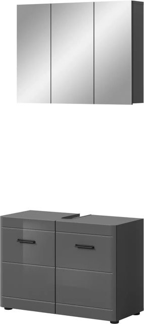 Inn.Furn Badmöbel-Set 2-teilig Grau Hochglanz mit Waschtischunterschrank und Spiegelschrank inklusive Soft-Close-Funktion, Breite: 80 cm - Bild 1