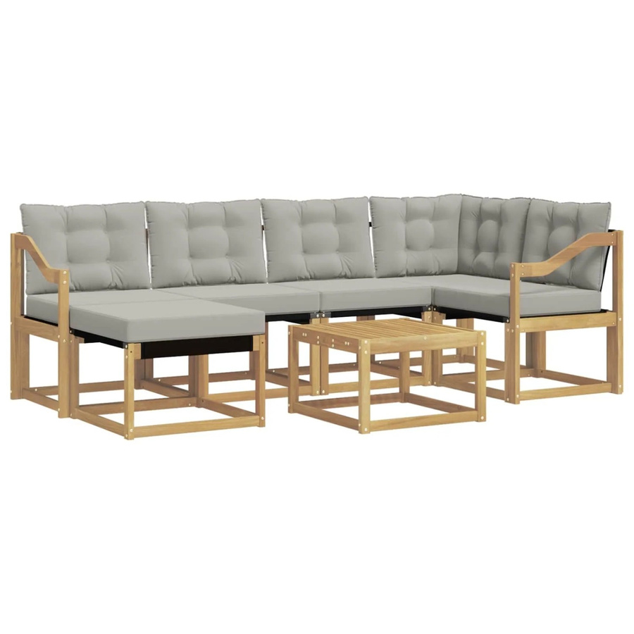 vidaXL Outdoor-Sofagarnitur 7-teilig in L-Form aus Akazienholz und Textilene mit Kissen in Weiß und Hellgrau - Bild 2